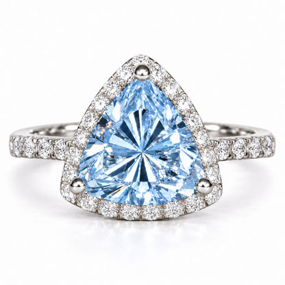 Blue Trillion Cut Lab Grown Diamond Engagement Ring - Halo in white gold, front view