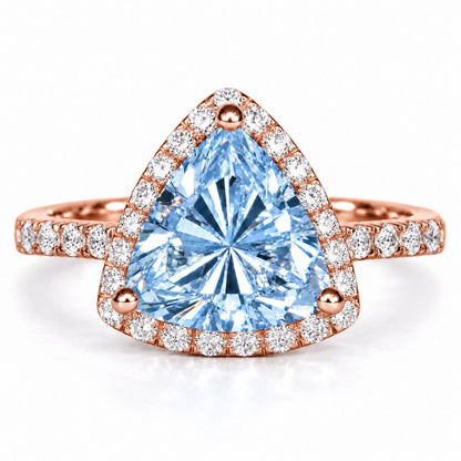 Blue Trillion Cut Lab Grown Diamond Engagement Ring - Halo in rose gold, front view