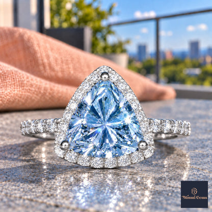 Blue Trillion Cut Lab Grown Diamond Engagement Ring - Halo in white gold, close-up