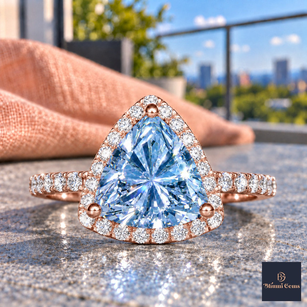 Blue Trillion Cut Lab Grown Diamond Engagement Ring - Halo in rose gold, close-up