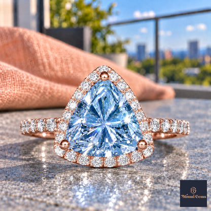 Blue Trillion Cut Lab Grown Diamond Engagement Ring - Halo in rose gold, close-up