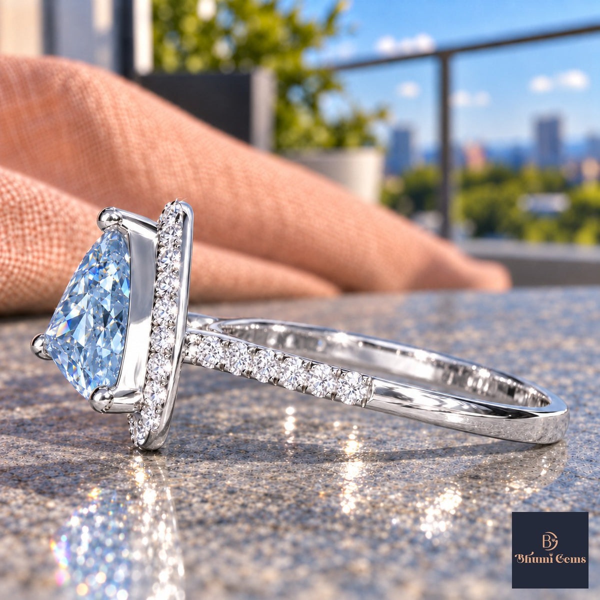 Blue Trillion Cut Lab Grown Diamond Engagement Ring - Halo in white gold, side view