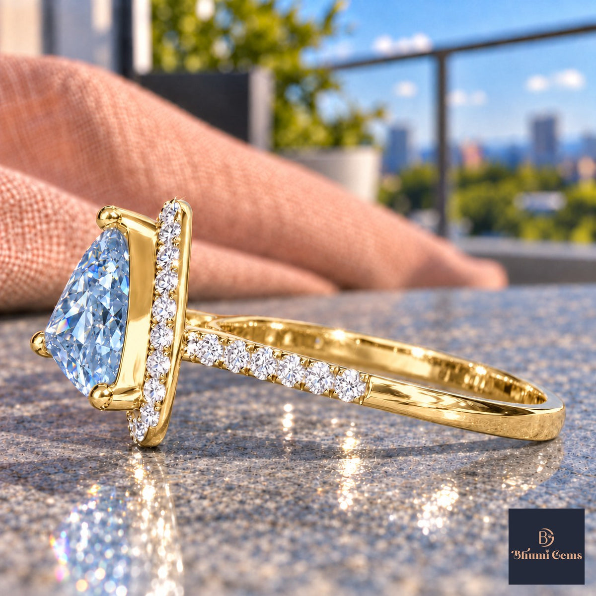 Blue Trillion Cut Lab Grown Diamond Engagement Ring - Halo in yellow gold, side view