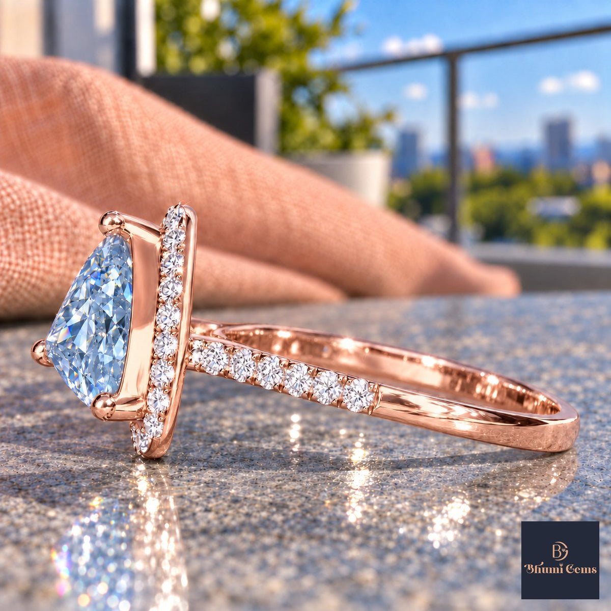 Blue Trillion Cut Lab Grown Diamond Engagement Ring - Halo in rose gold, side view