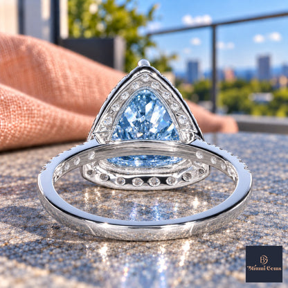 Blue Trillion Cut Lab Grown Diamond Engagement Ring - Halo in white gold, gallery view