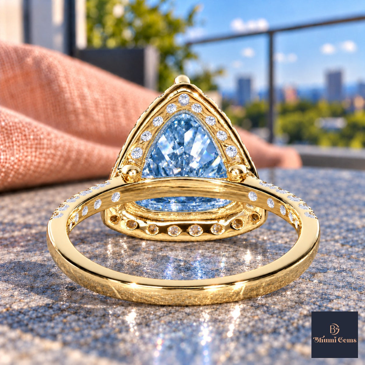 Blue Trillion Cut Lab Grown Diamond Engagement Ring - Halo in yellow gold, gallery view