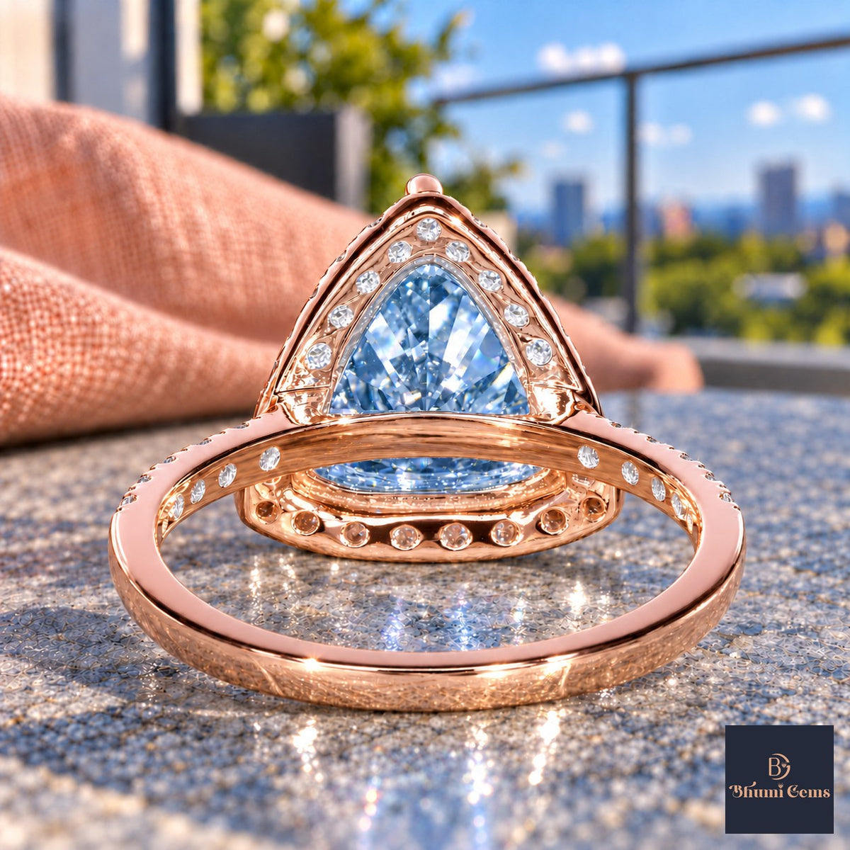 Blue Trillion Cut Lab Grown Diamond Engagement Ring - Halo in rose gold, gallery view