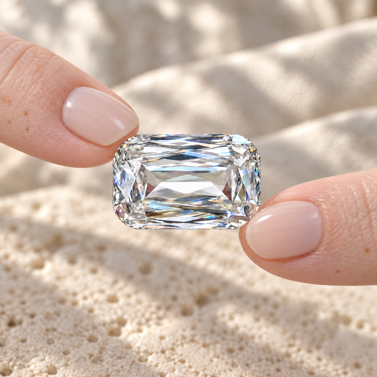 Emerald criss cut loose moissanite held between the fingers