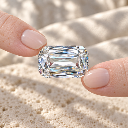 Emerald criss cut loose moissanite held between the fingers