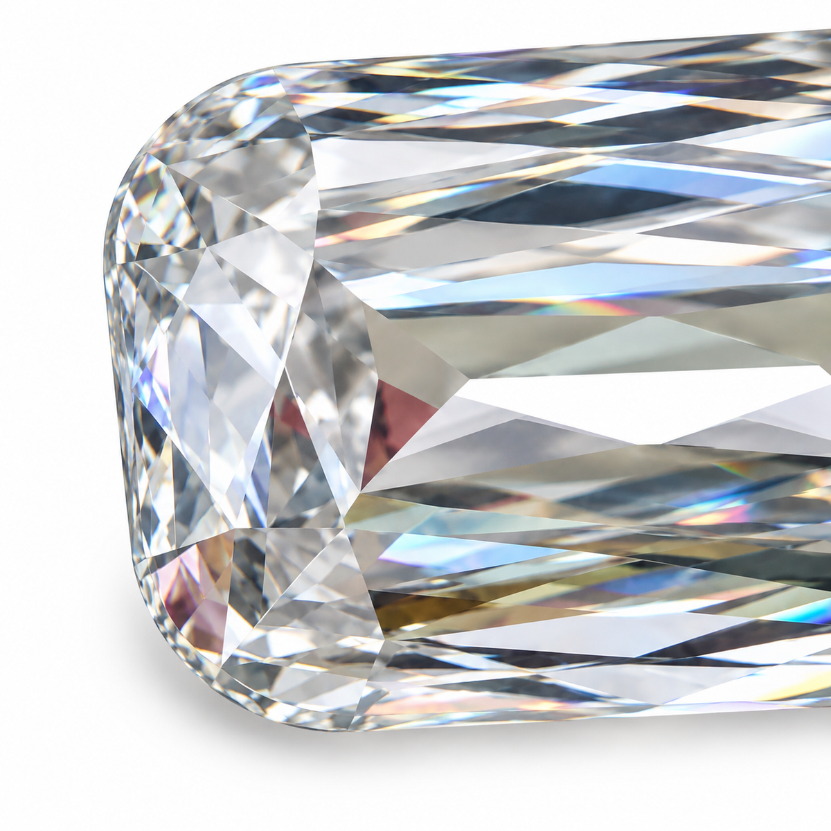 Emerald criss cut loose moissanite, close-up of the criss facets