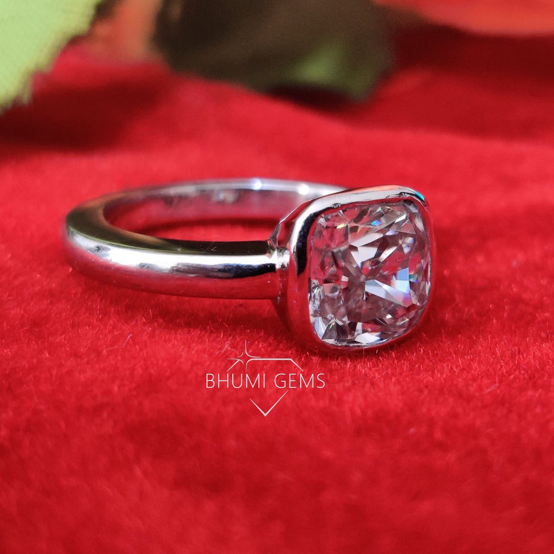 cushion Moissanite Bezel Set Ring