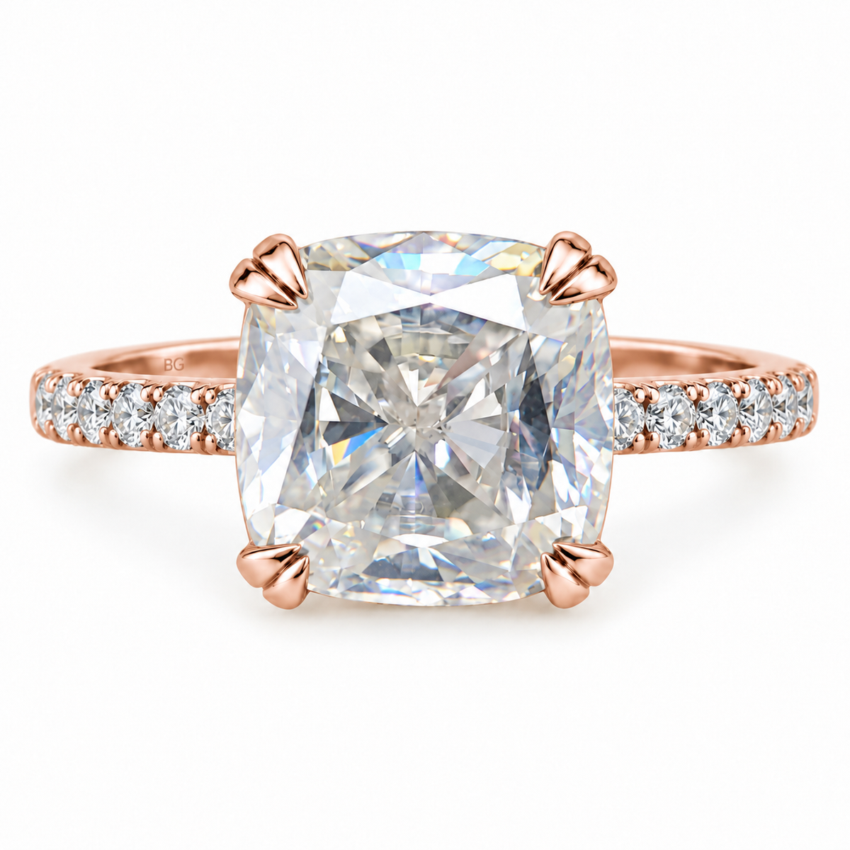 3.39TCW Cushion Colorless Moissanite Engagement Ring - Double Claw Pave Band - Rose gold - front view
