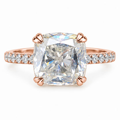 3.39TCW Cushion Colorless Moissanite Engagement Ring - Double Claw Pave Band - Rose gold - front view