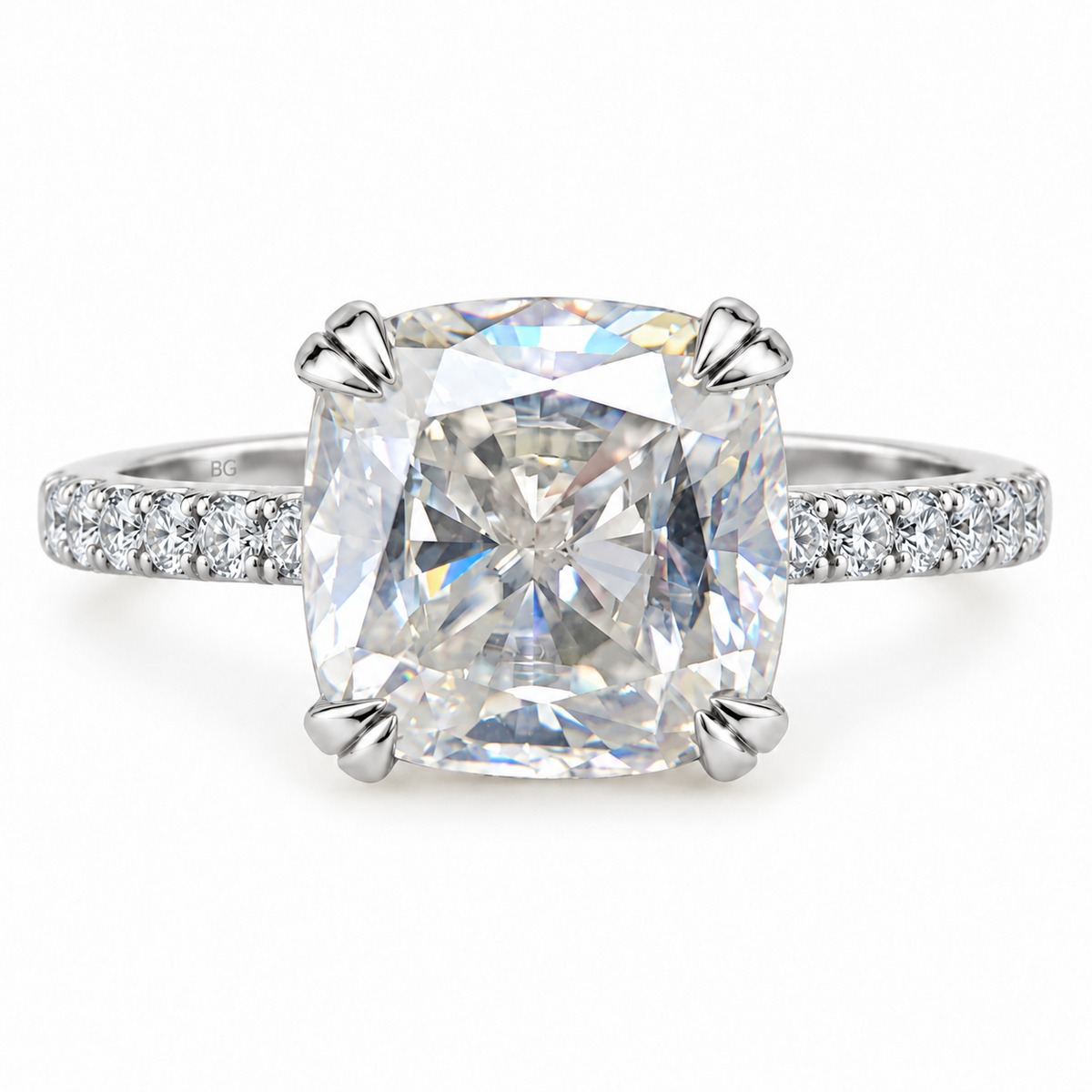 3.39TCW Cushion Colorless Moissanite Engagement Ring - Double Claw Pave Band - White gold - front view