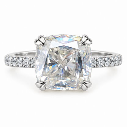 3.39TCW Cushion Colorless Moissanite Engagement Ring - Double Claw Pave Band - White gold - front view