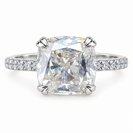 3.39TCW Cushion Colorless Moissanite Engagement Ring - Double Claw Pave Band - White gold - front view