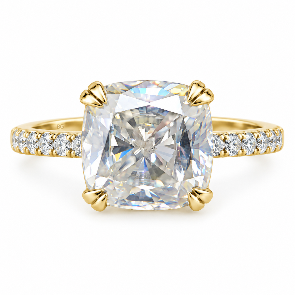 3.39TCW Cushion Colorless Moissanite Engagement Ring - Double Claw Pave Band - Yellow gold - front view