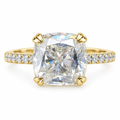 3.39TCW Cushion Colorless Moissanite Engagement Ring - Double Claw Pave Band - Yellow gold - front view