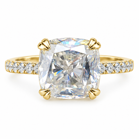 3.39TCW Cushion Colorless Moissanite Engagement Ring - Double Claw Pave Band - Yellow gold - front view