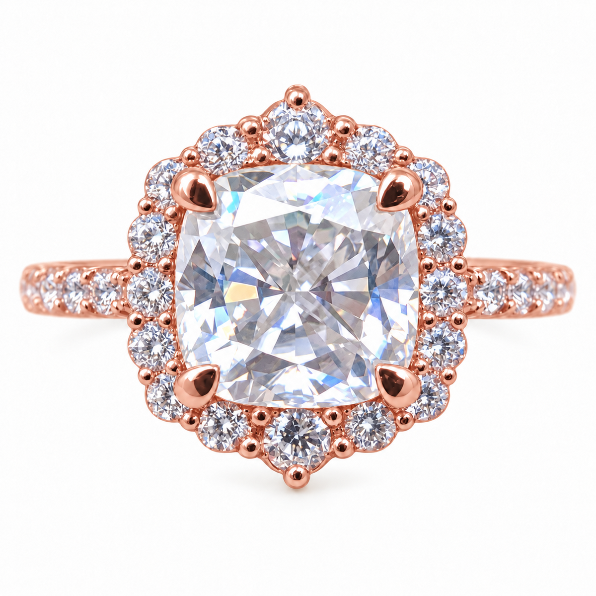 3.76TCW Cushion Colorless Moissanite Engagement Ring - Halo - Rose gold - front view
