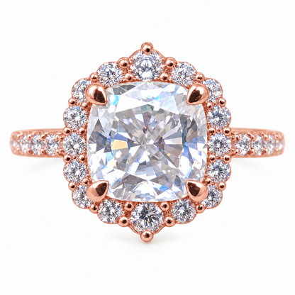 3.76TCW Cushion Colorless Moissanite Engagement Ring - Halo - Rose gold - front view