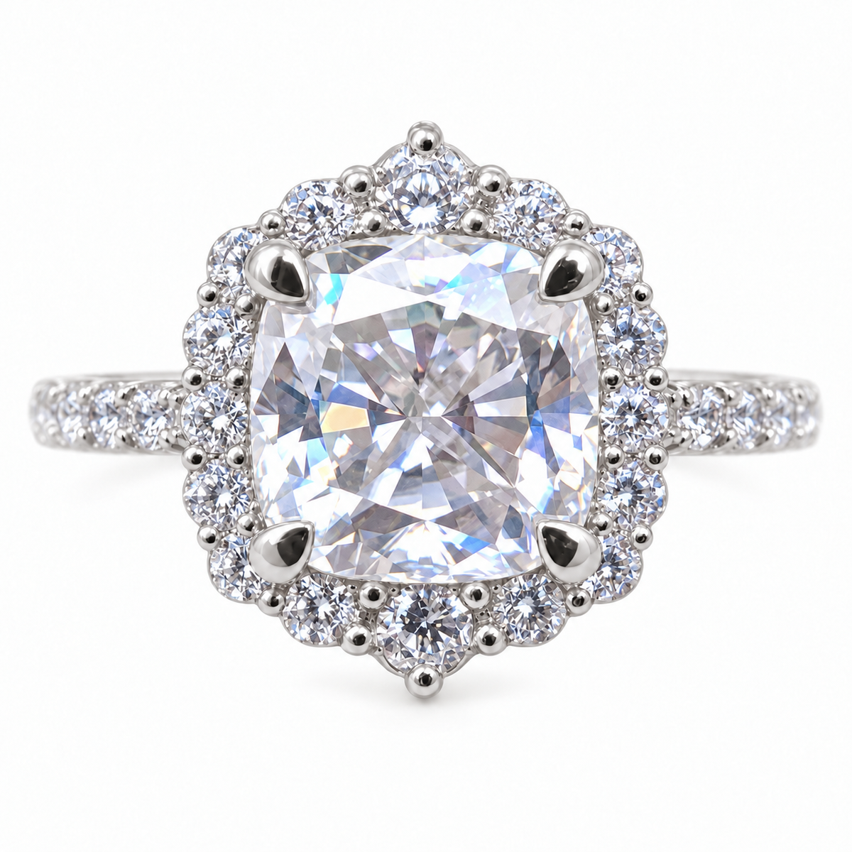 3.76TCW Cushion Colorless Moissanite Engagement Ring - Halo - White gold - front view