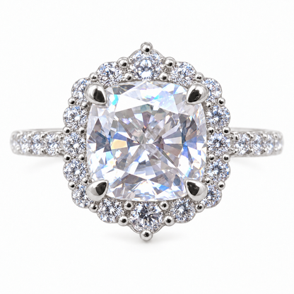 3.76TCW Cushion Colorless Moissanite Engagement Ring - Halo - White gold - front view