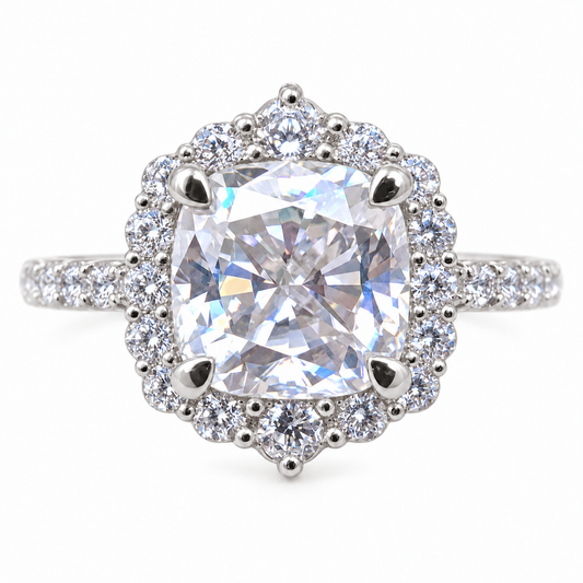 3.76TCW Cushion Colorless Moissanite Engagement Ring - Halo - White gold - front view