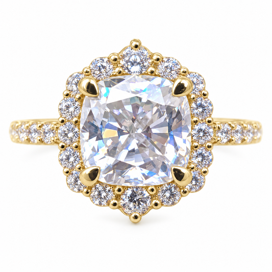 3.76TCW Cushion Colorless Moissanite Engagement Ring - Halo - Yellow gold - front view