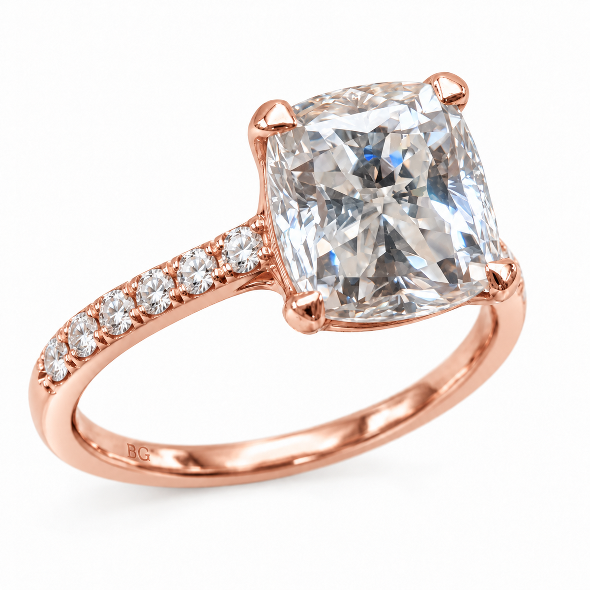 2.80TCW Cushion Colorless Moissanite Engagement Ring - Pave Band - Rose gold - front view