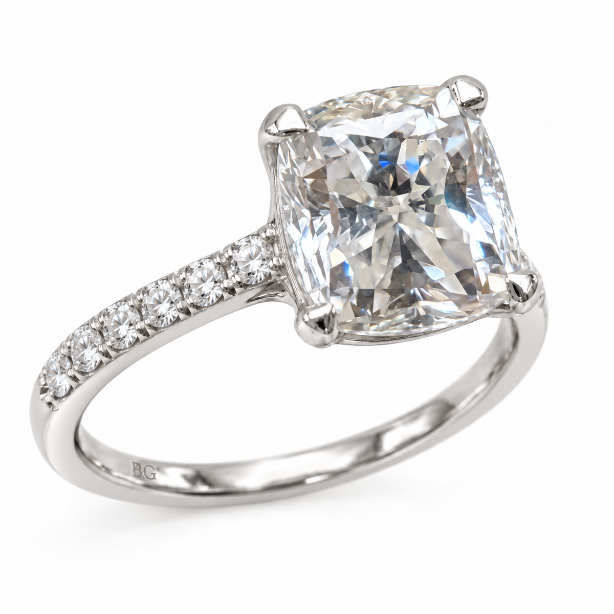 2.80TCW Cushion Colorless Moissanite Engagement Ring - Pave Band - White gold - front view
