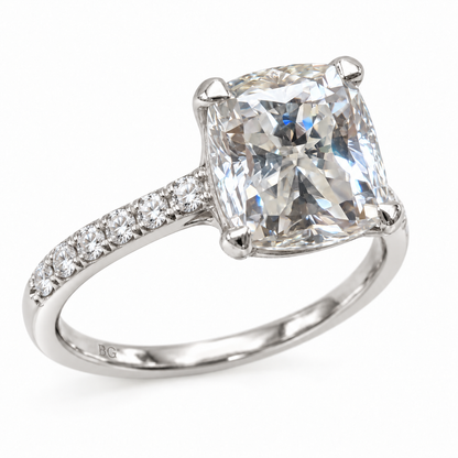 2.80TCW Cushion Colorless Moissanite Engagement Ring - Pave Band - White gold - front view