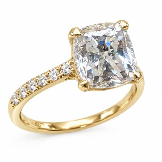 2.80TCW Cushion Colorless Moissanite Engagement Ring - Pave Band - Yellow gold - front view