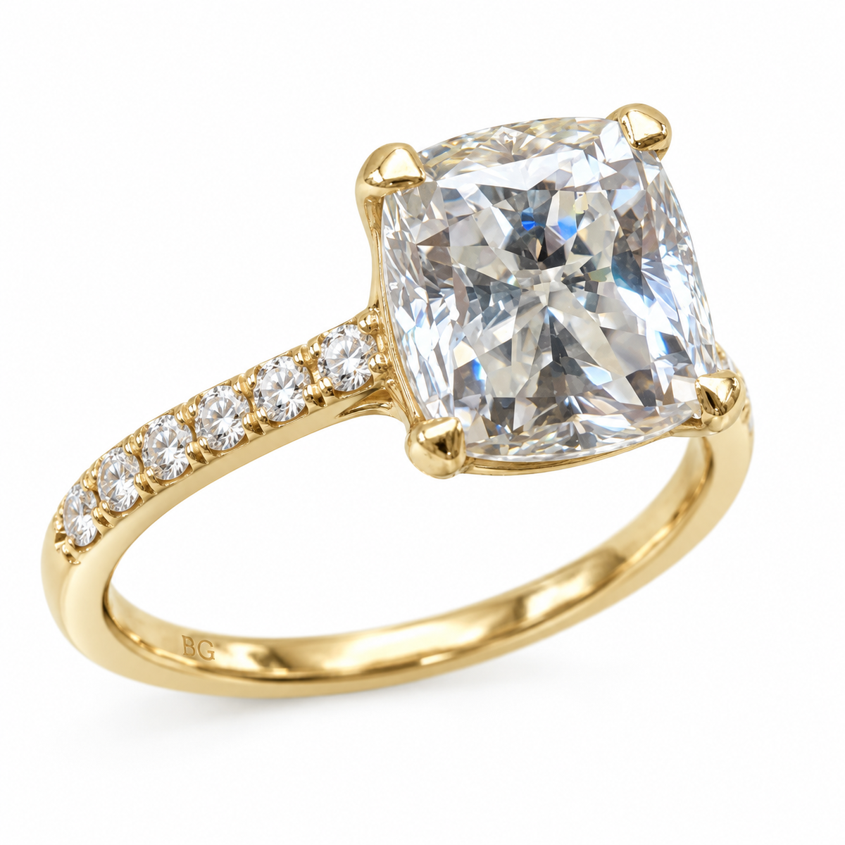 2.80TCW Cushion Colorless Moissanite Engagement Ring - Pave Band - Yellow gold - front view