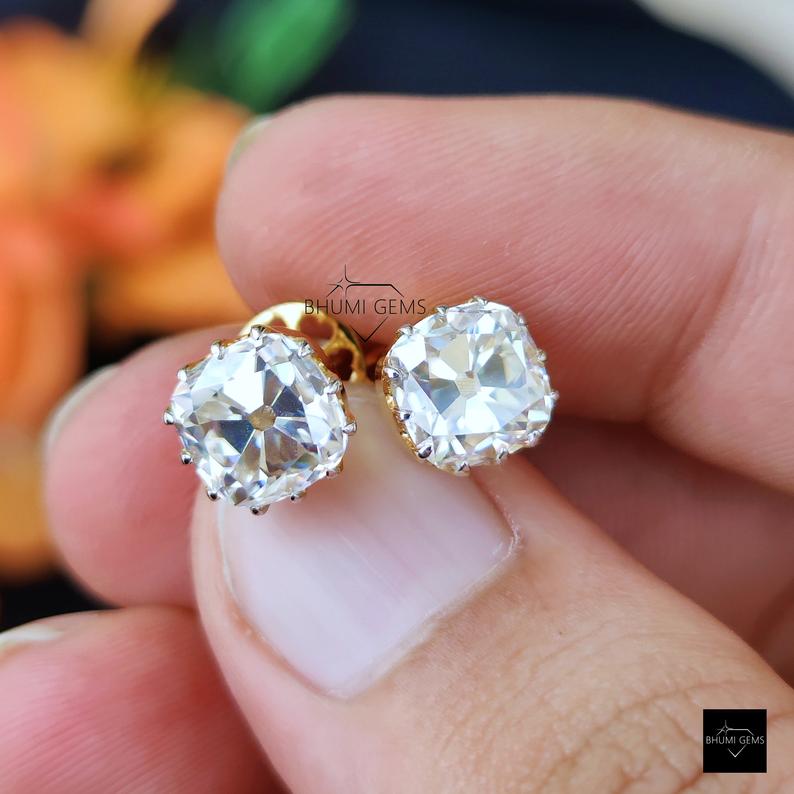 Old Mine Cut Colorless Moissanite Earrings - view 6