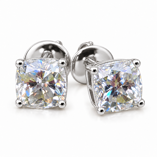2 TCW cushion cut moissanite solitaire stud earrings in white gold with screw backs