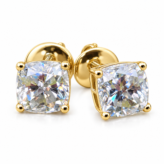 2 TCW cushion cut moissanite solitaire stud earrings in yellow gold with screw backs