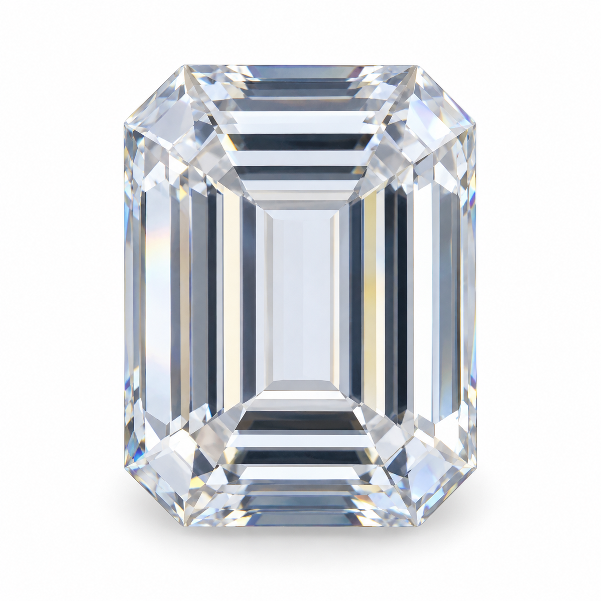 Emerald cut colorless loose moissanite, top view