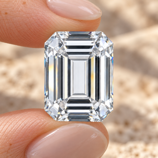 Emerald cut loose moissanite held between the fingers
