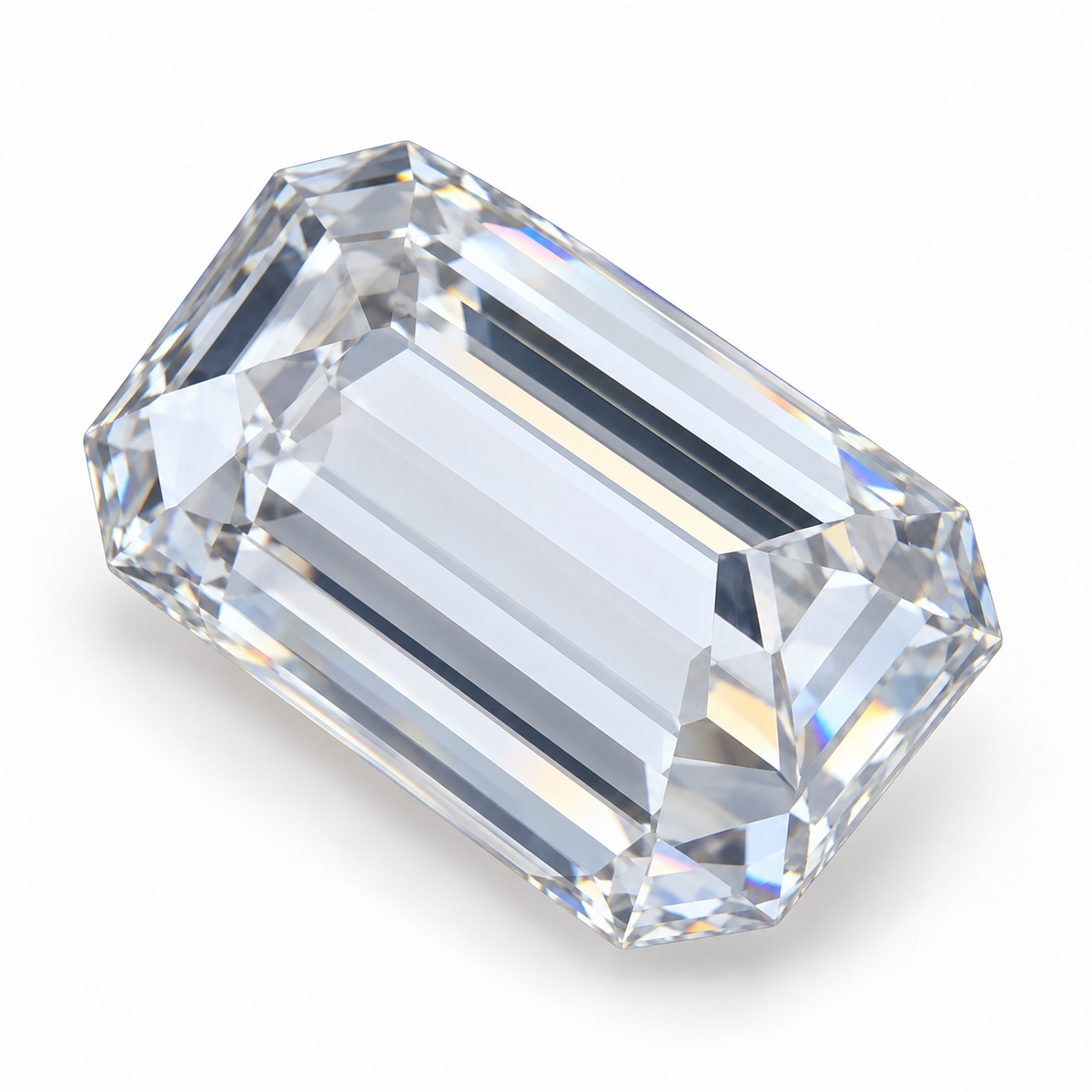 Emerald cut loose moissanite, angled side view