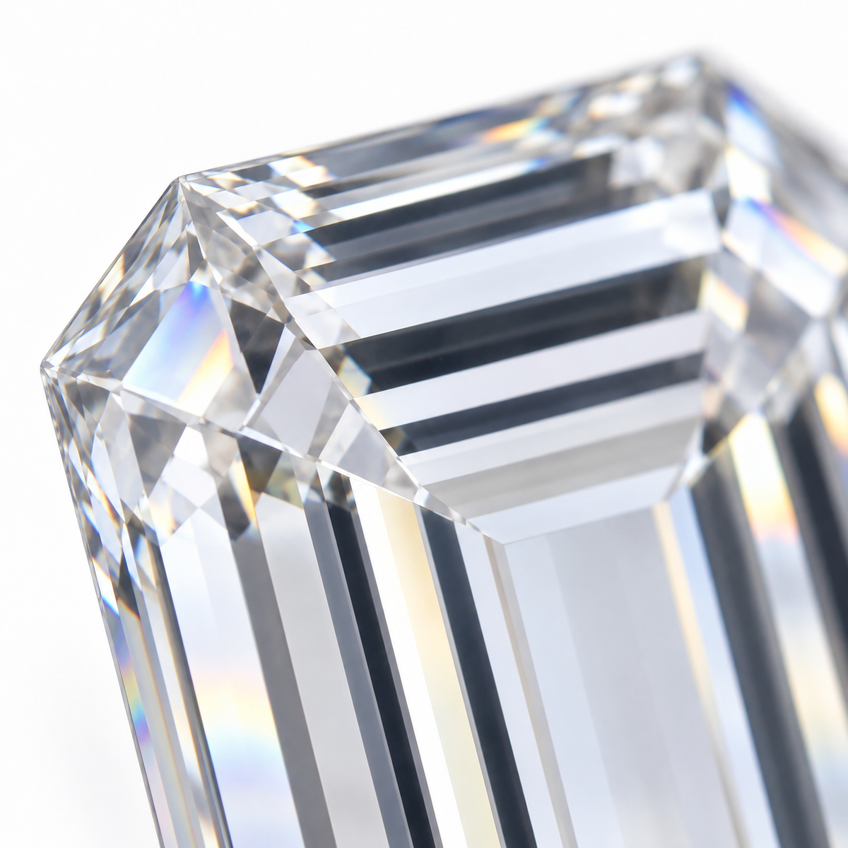 Emerald cut loose moissanite, close-up of the step facets