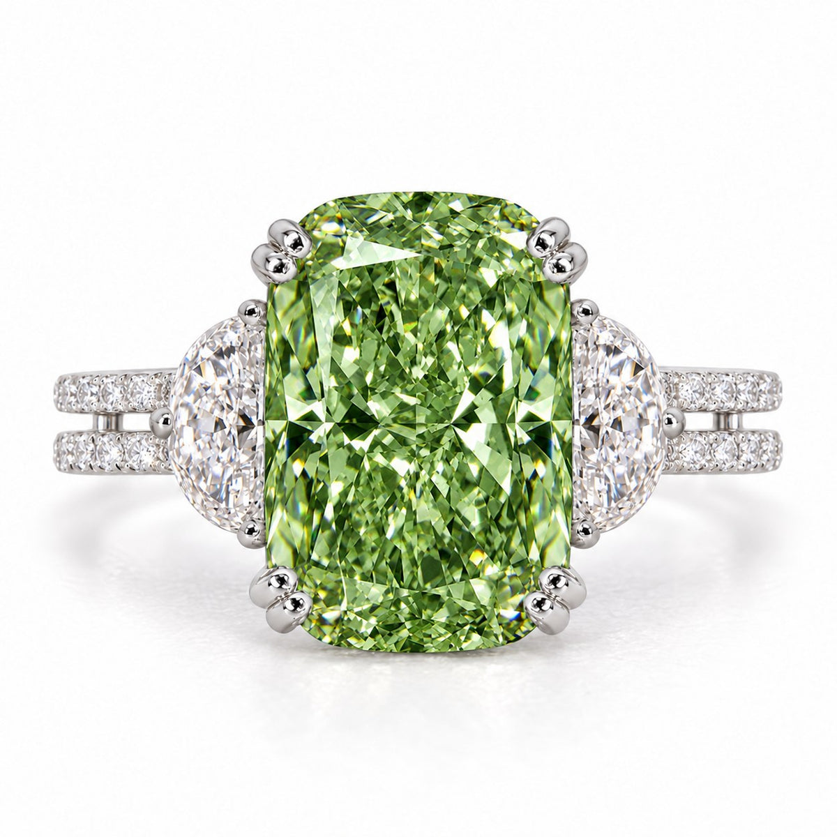 Green Elongated Cushion Cut Lab Grown Diamond Engagement Ring - Half Moon Split Shank in white gold, front view