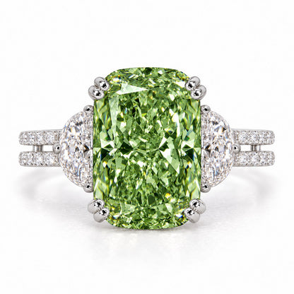 Green Elongated Cushion Cut Lab Grown Diamond Engagement Ring - Half Moon Split Shank in white gold, front view