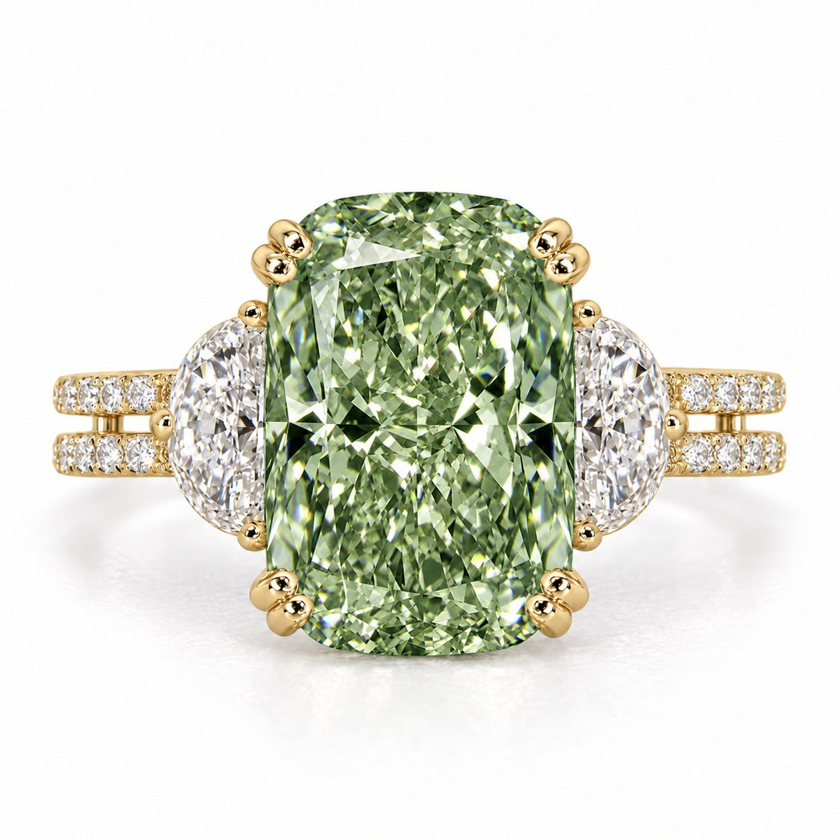 Green Elongated Cushion Cut Lab Grown Diamond Engagement Ring - Half Moon Split Shank in yellow gold, front view