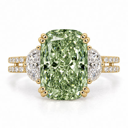 Green Elongated Cushion Cut Lab Grown Diamond Engagement Ring - Half Moon Split Shank in yellow gold, front view