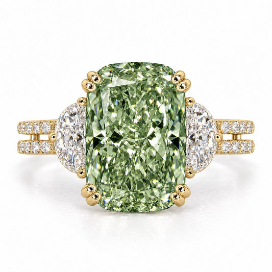 Green Elongated Cushion Cut Lab Grown Diamond Engagement Ring - Half Moon Split Shank in yellow gold, front view