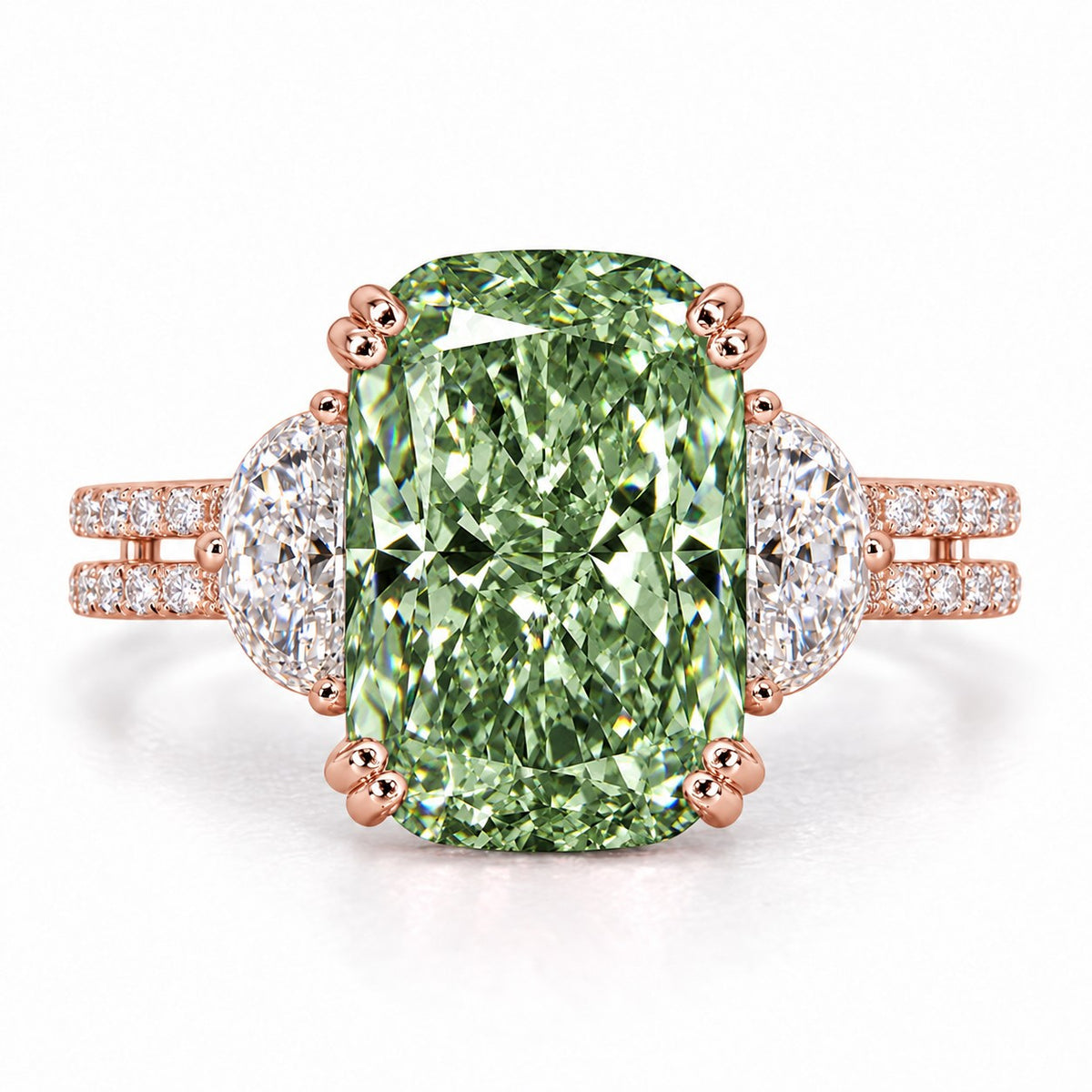Green Elongated Cushion Cut Lab Grown Diamond Engagement Ring - Half Moon Split Shank in rose gold, front view