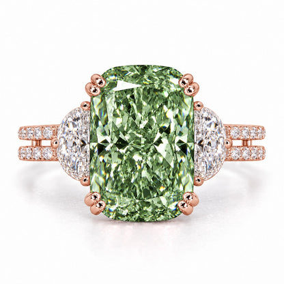 Green Elongated Cushion Cut Lab Grown Diamond Engagement Ring - Half Moon Split Shank in rose gold, front view