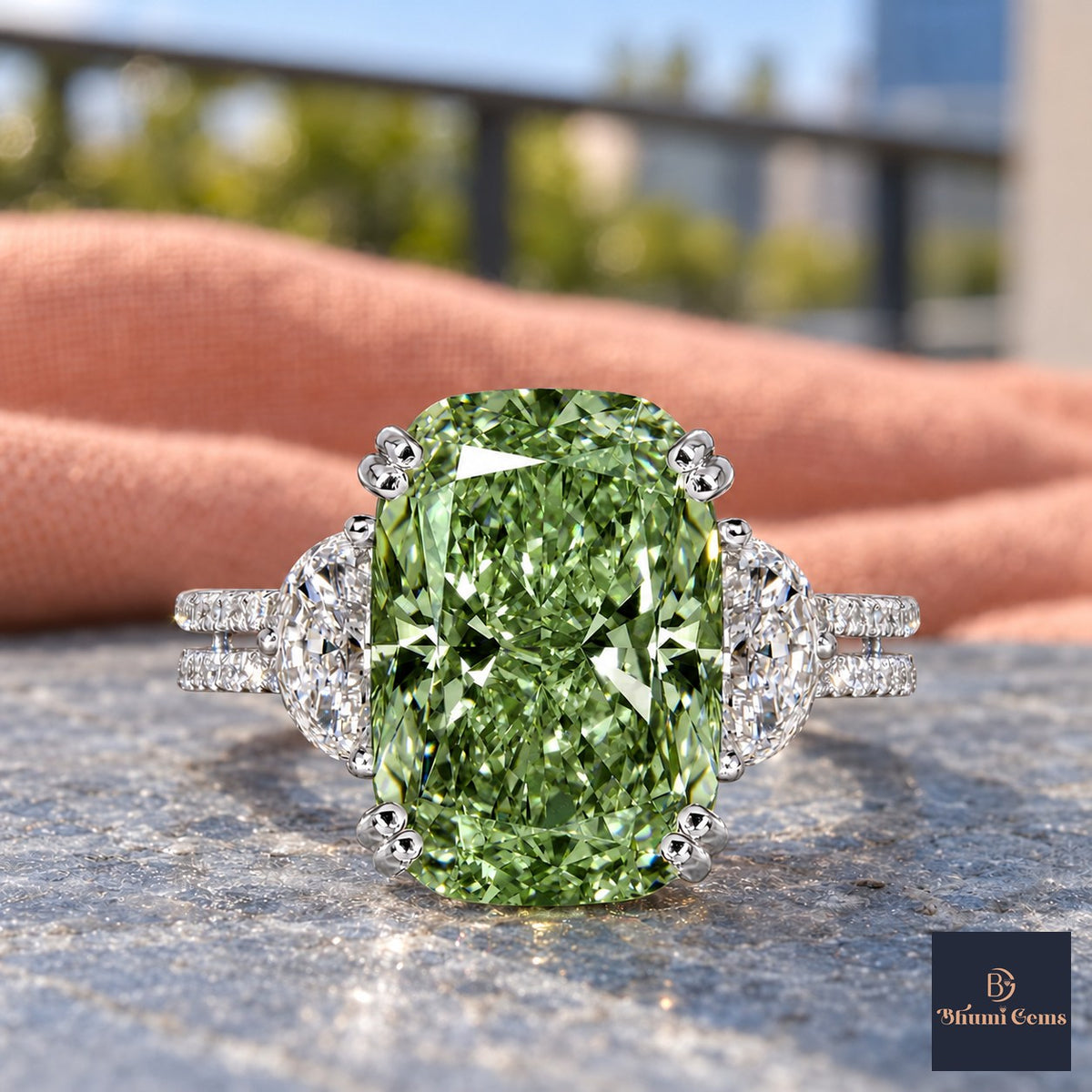 Green Elongated Cushion Cut Lab Grown Diamond Engagement Ring - Half Moon Split Shank in white gold, close-up