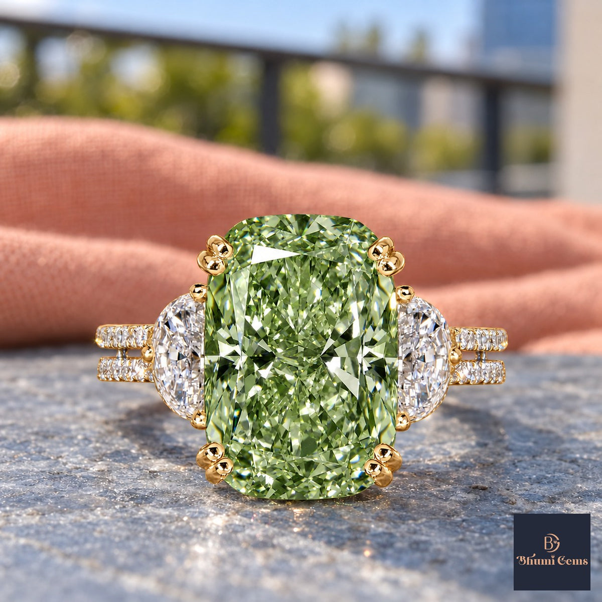 Green Elongated Cushion Cut Lab Grown Diamond Engagement Ring - Half Moon Split Shank in yellow gold, close-up